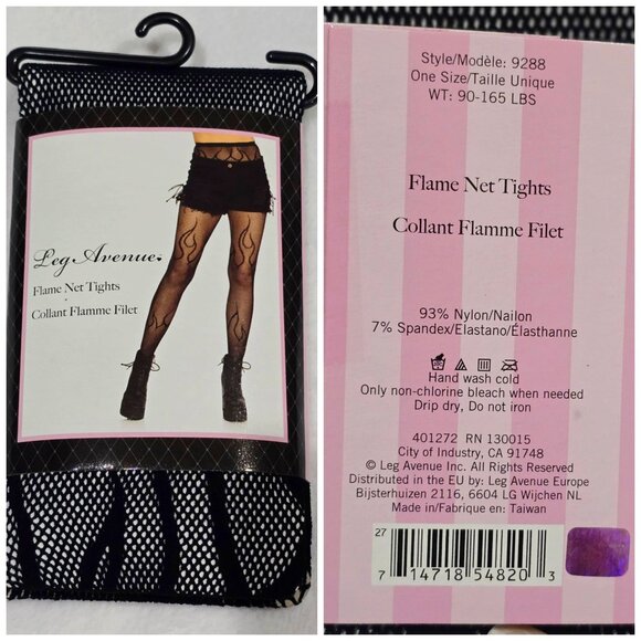 Leg Avenue Flame Net Tights OS Black Fishnet Stockings Flame Design - Picture 9 of 10